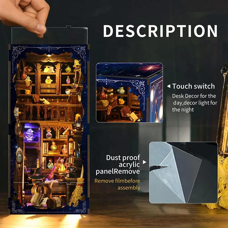 DIY หนังสือไม้ Nook ชั้นวางชุด Magic Potion House ชั้นวางหนังสือ Miniature ชุด Handmade Bookend เพื่อนของขวัญวันเกิด