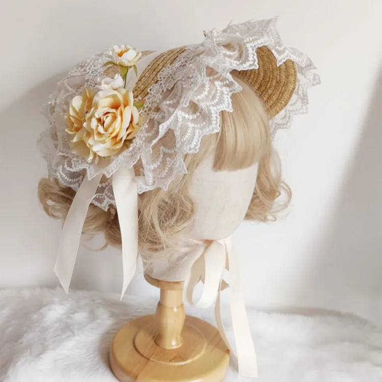 Sweet Straw Lolita Hat Top Flat Lace Brim Flower Bandage Bowknot Cap Elegant Cosplay Straw hats