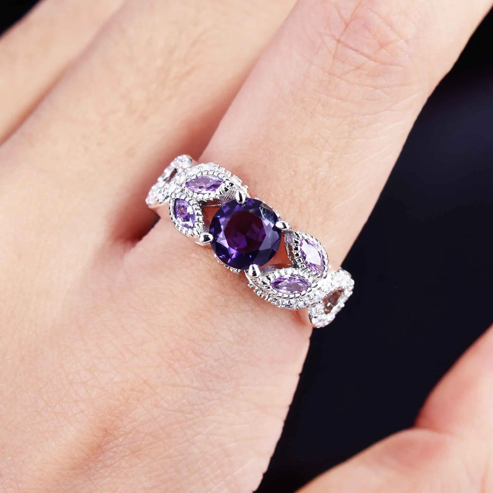 

100% 925 Sterling Silver Origin Amethyst Ring Females Anillos De Wedding Bands Amethyst Gemstone Wedding Bands Ring Box Women