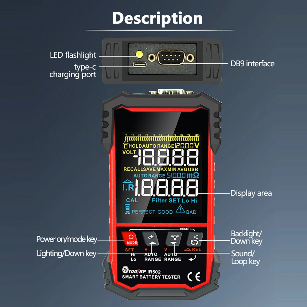 Batteries Tool IR502 ±120V 500Ω Battery Internal Resistance Tester 4-Wire Kelvin Test Lead-acid Lithium Nickel-cadmium