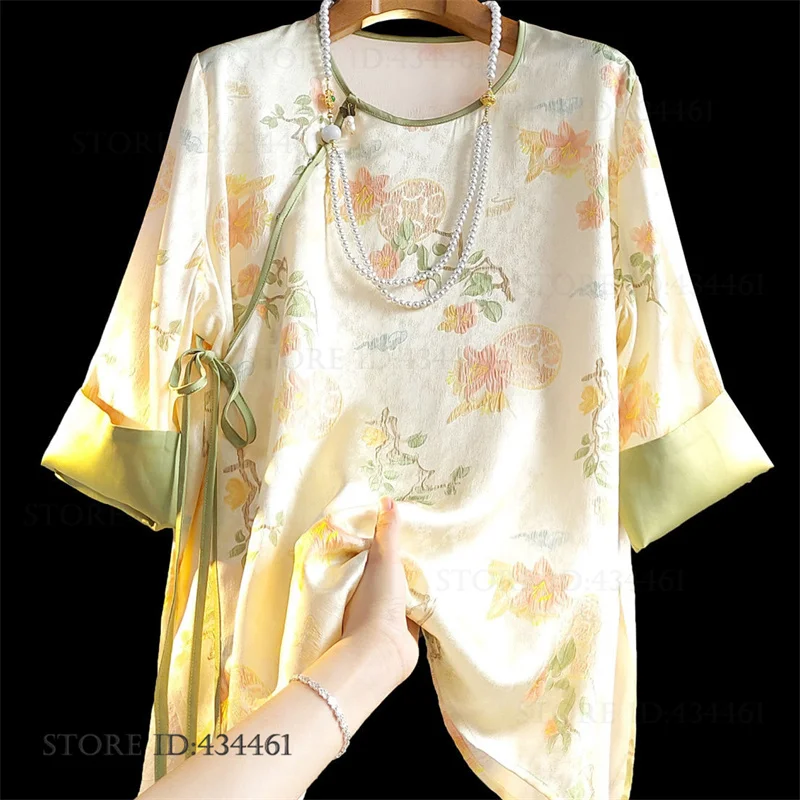 

Новая женская блузка в китайском стиле Тан: элегантная шелковая атласная жаккардовая рубашка, традиционный китайский костюм, ретро-топ в стиле ципао