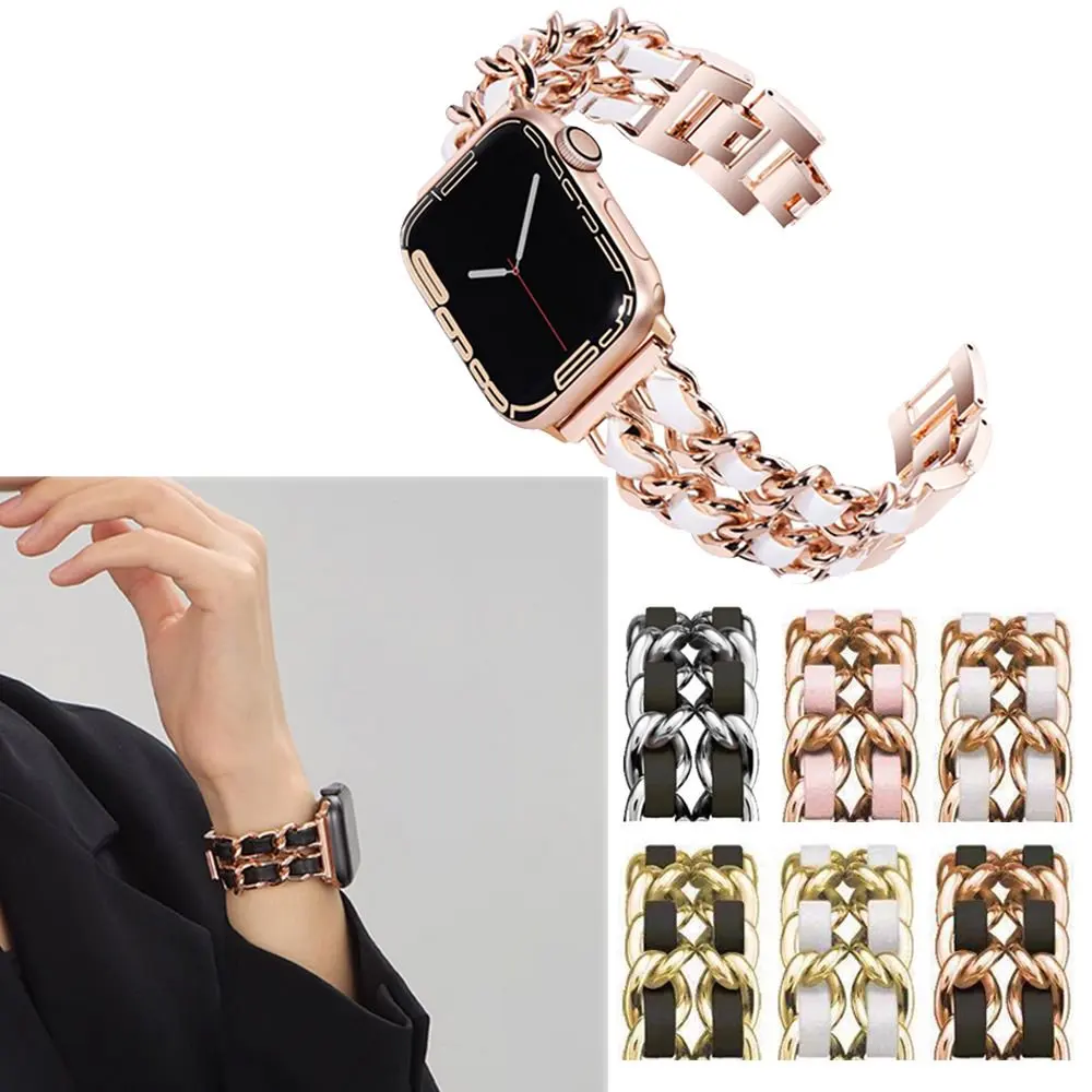 

Металлический кожаный ремешок с двойной цепочкой, совместимый с Apple Watch Series 10 9 8 7 6 5 4 3 2 SE 38 40 42 44 41 45 46 Ultra 2 49 мм