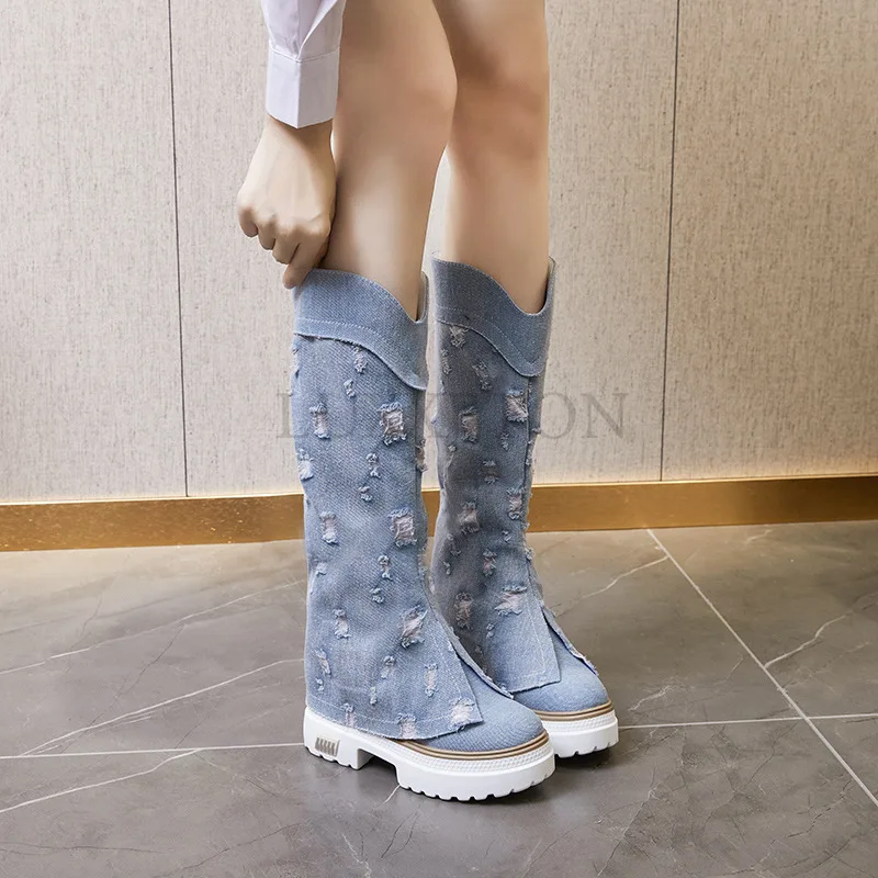 Platform Women\'s Boots 2023 New Vintage Fashion Color-Block Denim Knee-High Boots Comfortable Female Knight Western Boots