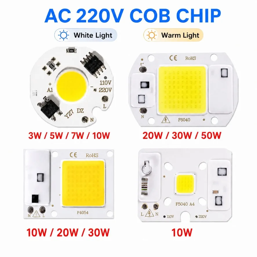220V COB LED Chip Smart IC No Need Driver 3W 5W 7W 10W 20W 30W 50W High Power LED Light Source Warm Cold White for DIY Lighting