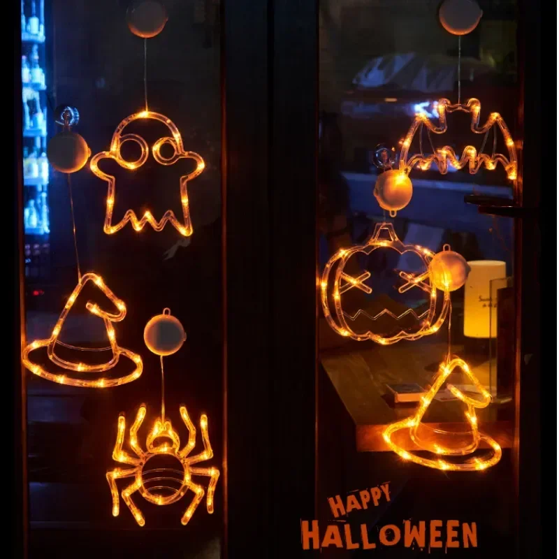 Luces de ventana con ventosa para Halloween, lámpara de calabaza, Araña, murciélago, ojo fantasma, tapa, telaraña, LED, Decoración de Ambiente, novedad