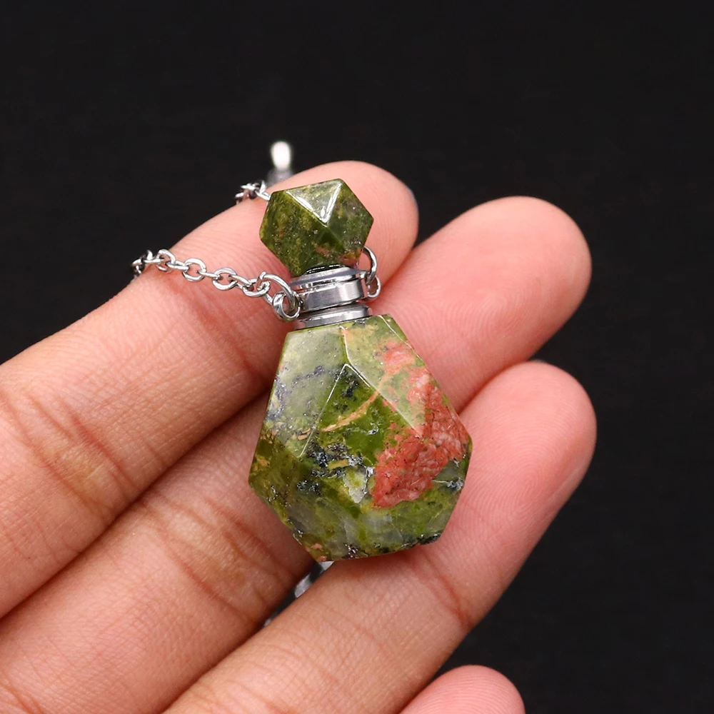 Essential Oil Diffuser Charm Jewelry Natural Stone Necklace Amethyst Unakite Perfume Bottle Pendant Metal Chain Boutique Jewelry