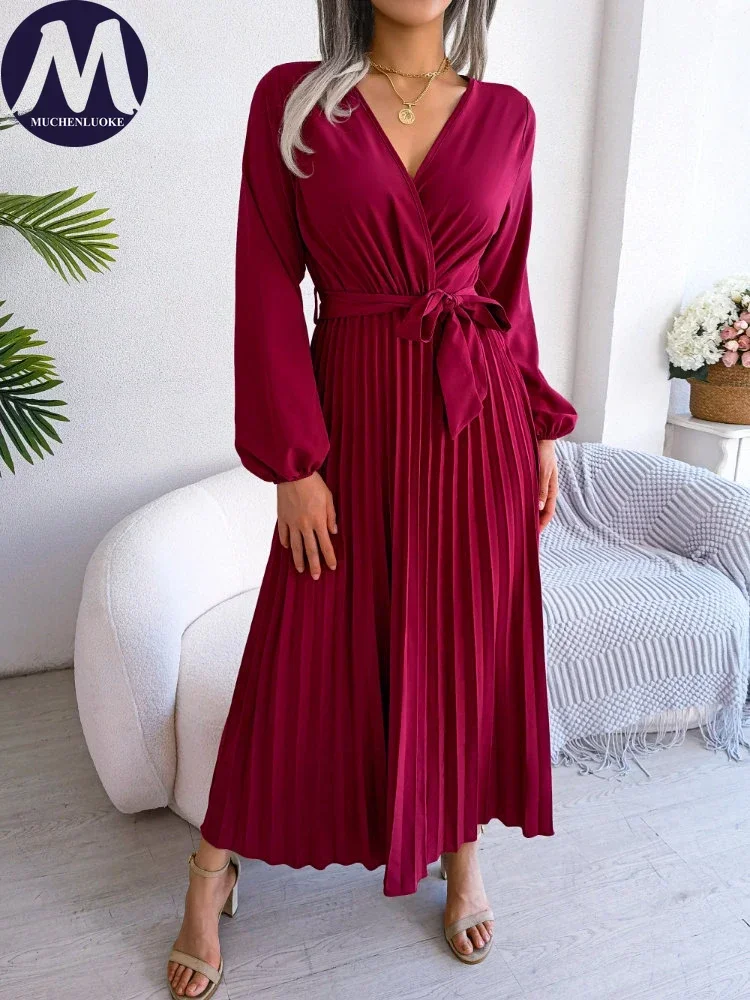 

Women's High Waisted Lace-up Dress, Monochromatic, V-neck, Long Sleeves Dresses, Casual, Fashionable, Sexy, Spring, Summer, 2025