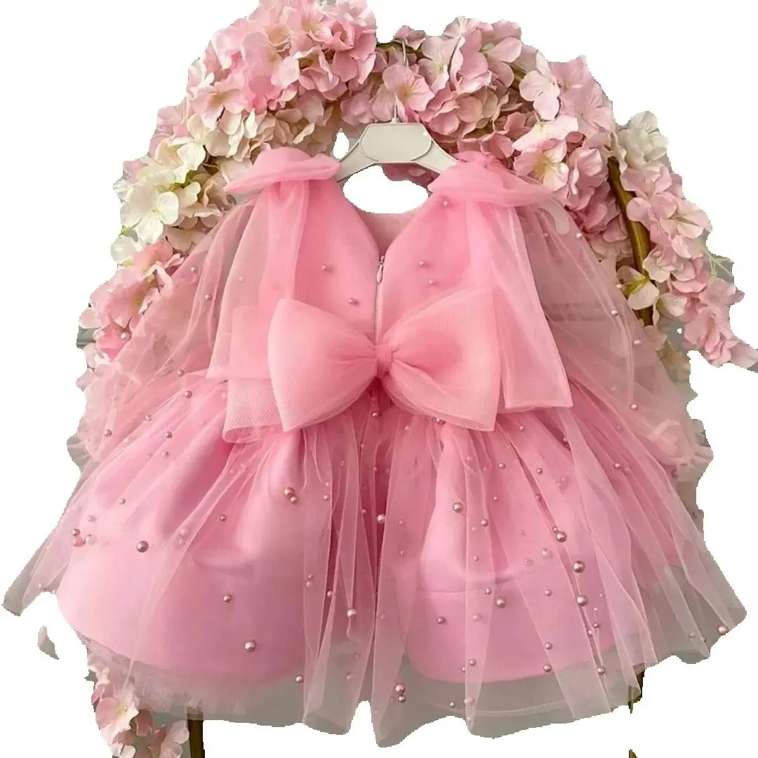 Apliques de encaje blanco personalizados para boda y cumpleaños, vestido de niña con flores rosas, cinturón con lazo, manga corta para fiesta, vestido de comunión