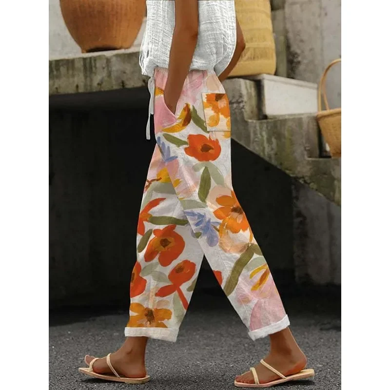 Women's Pansy Floral Pattern Print Wide Leg Pants Cool Summer Button Casual Trousers Botanical Floral Print Stylish Retro Slacks