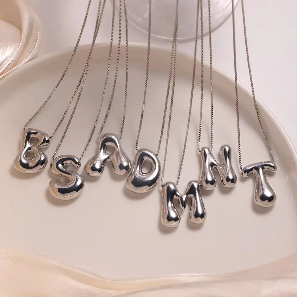 Delicate Chunky Balloon 26 Letter Necklace Bubble Initial Alphabet Pendant Box Chain Choker Stainless Steel Gold Plated Jewelry