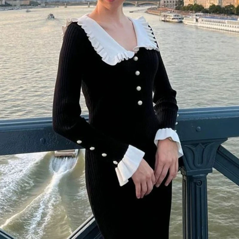 

Deeptown Black Elegant Vintage Women Knitted Long Skirt Long Sleeve Party Dresses Sweet Ruffle Patchwork Sweater Maxi Dress Slim