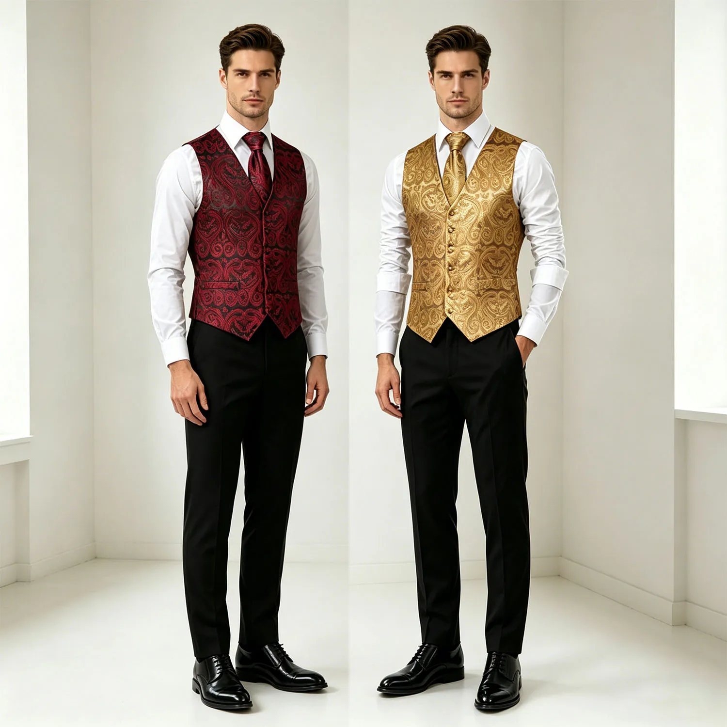 

Formal Red Golden Paisley Mens Vest Party Wedding Elegant Waistcoat Pocket Square Tie Suit Set