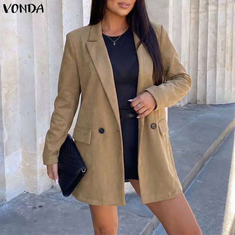 VONDA Women's Blazer Oversized Long Sleeve Lapel Suits Vintage Casual Work Office Autumn Jackets Solid Outerwears