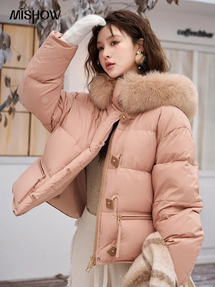 MISHOW Women\'s Winter Fur Collar Down Jacket 2023 Fashion Loose High Quality Hooded Short Down Coats Zipper Outwear MXC55Y0020