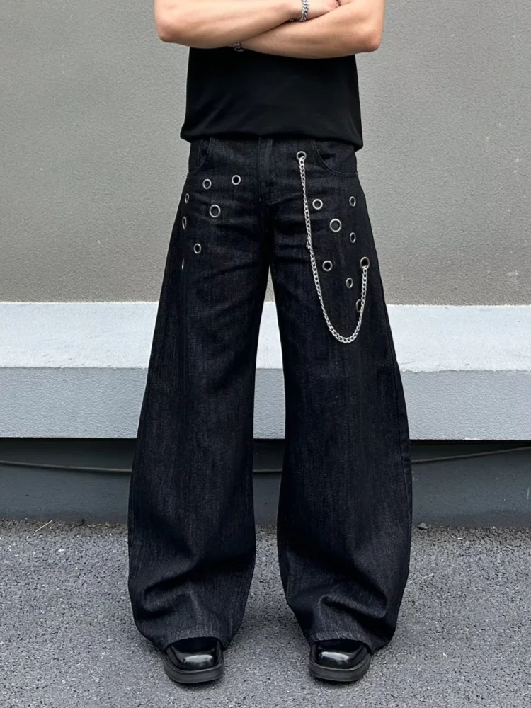 

2026 Trend Y2K Style Hollow Metal Hole Black Baggy Jeans Pants For Men Clothing Streetwear Cotton Long Trousers Pantaloni Uomo