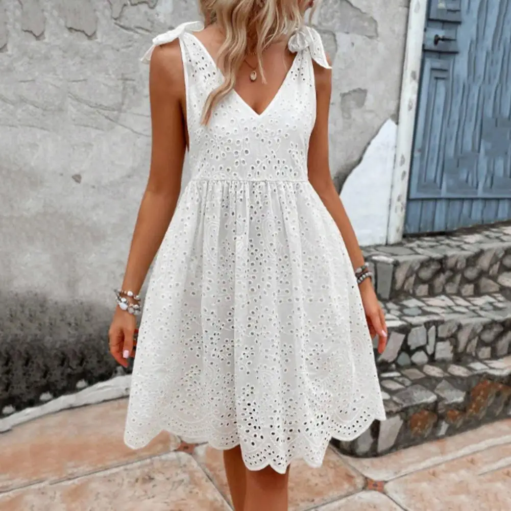 

Summer Dress Hollow Out Flower Edge Women Dress Lace-up Shoulder V Neck A-line V Neck Knee Length Dating Party Midi Dress