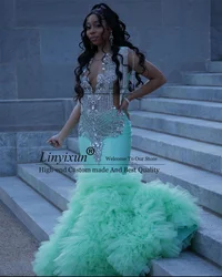 Mint Green Ruffles Skirt Prom Dress 2024 For Black Girls Crystal Rhinestone Beaded Party Evening Gown Customized robes de soirée