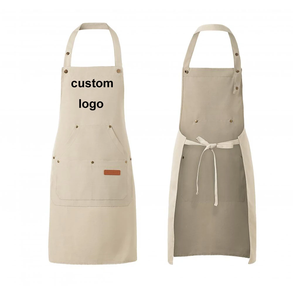 Print on Demand Apron Custom Logo Waterproof Unisex Workers Mandiles Embroidery Coffee Restaurant Waiters Bib Dress with Pockets