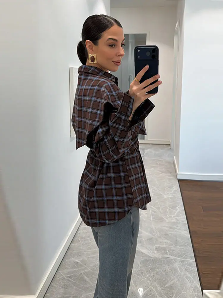 Chemise à carreaux à manches longues pour femmes, haut de rue élégant à revers, simple boutonnage, nouvelle collection printemps-automne 2026