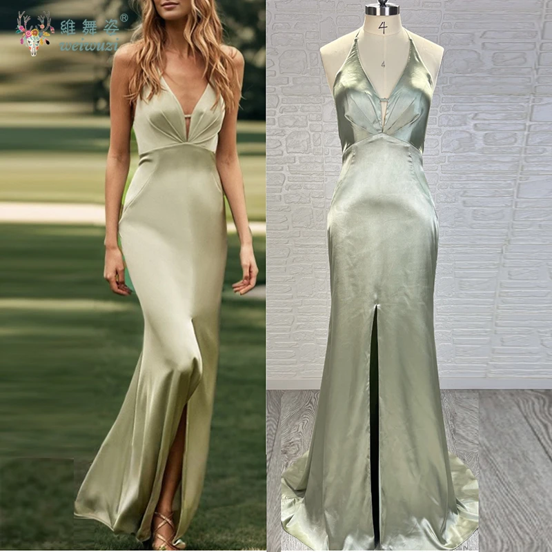 

Elegant Satin Slim Fit Wedding Bridesmaid Dress Sexy Deep V-neck Strap Backless Fishtail Dress Birthday Party Evening Dress
