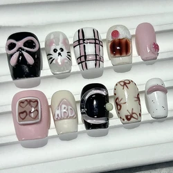 10 Pieces Cartoon Dopamine Press On Nails Handmade Cute White Cat Delicate Cupcake Bread Fake Nail Patch Removable