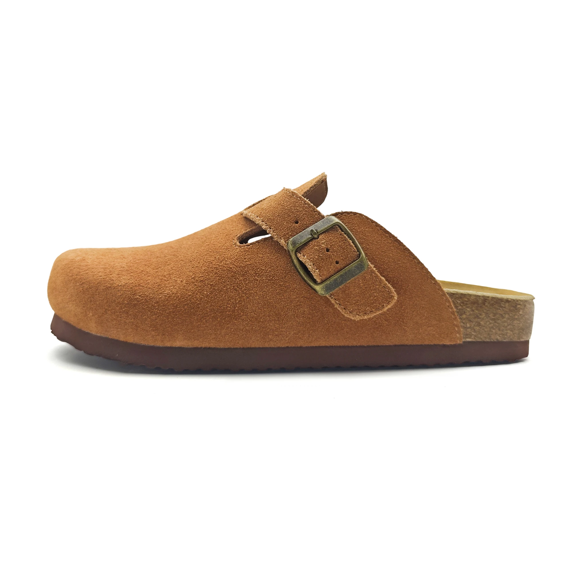 Unisex Genuine Suede Clogs, Boston Style Cork Footbed Arch Support, Adjustable Buckle Slip On Casual Shoes for Men Women