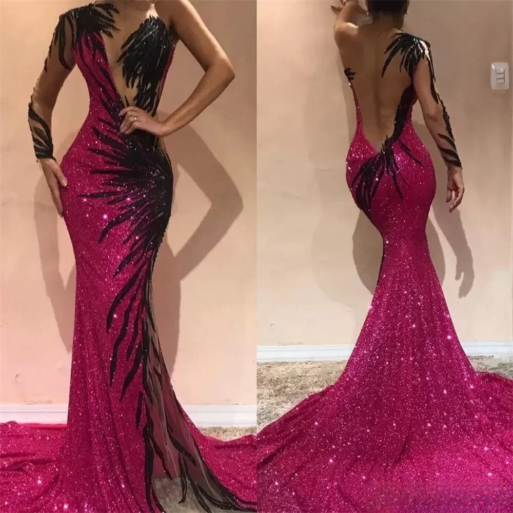 Gorgeous Fuchsia Trumpet /Mermaid Floor-Length Evening Dress Arabic Sexy Pageant One Shoulder Temperament Elegant Sparkling 2022