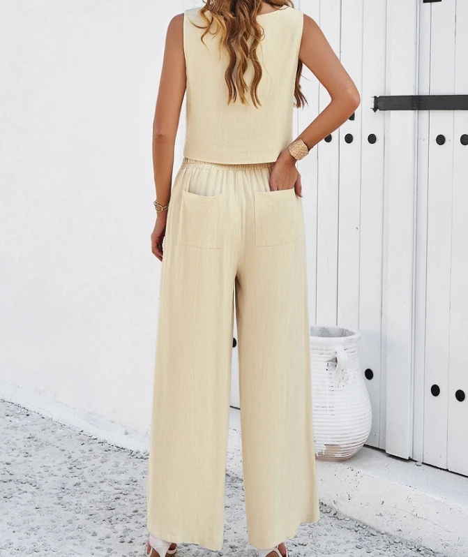 Casual Temperament Solid Color Square Neck Sleeveless Short Vest with Pleated Pocket Design, Loose Wide Leg Pants Long Pants Set