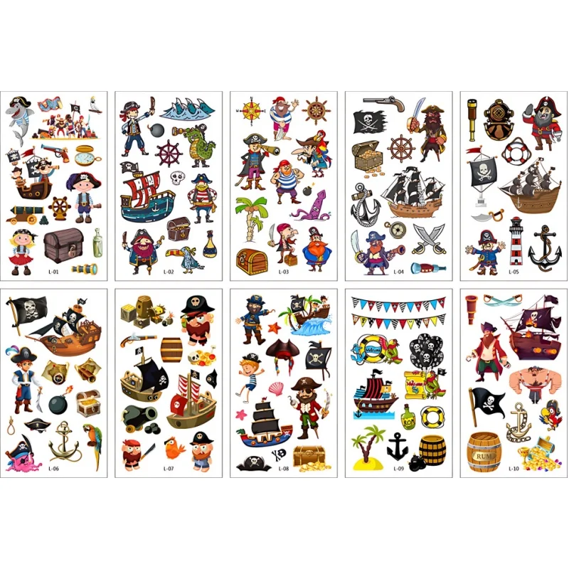 10 Sheets Pirate Temporary Tattoos for Kids Children Boys Girls Party Bag Fillers Cartoon Fake Tatoo Waterproof Hands Arm Body