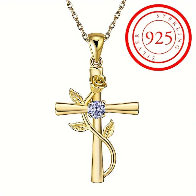 1pc 925 Silver Exquisite Rose Flower Cross Pendant Necklace Ladies Personality Niche Design Versatile Necklace Exquisite