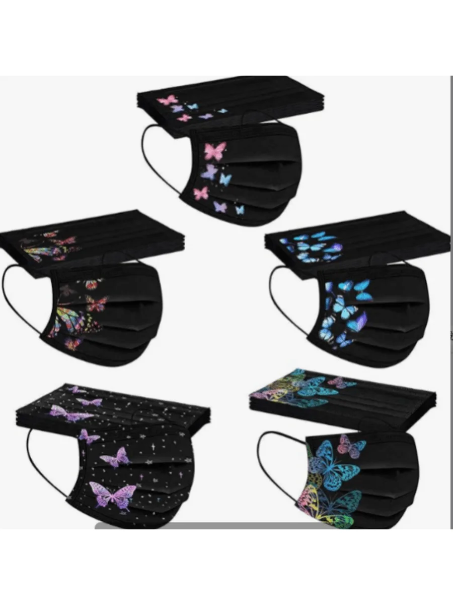 

Черные одноразовые маски с цветным узором бабочки — 3-слойная защита, приятные для кожи, унисекс для подростков