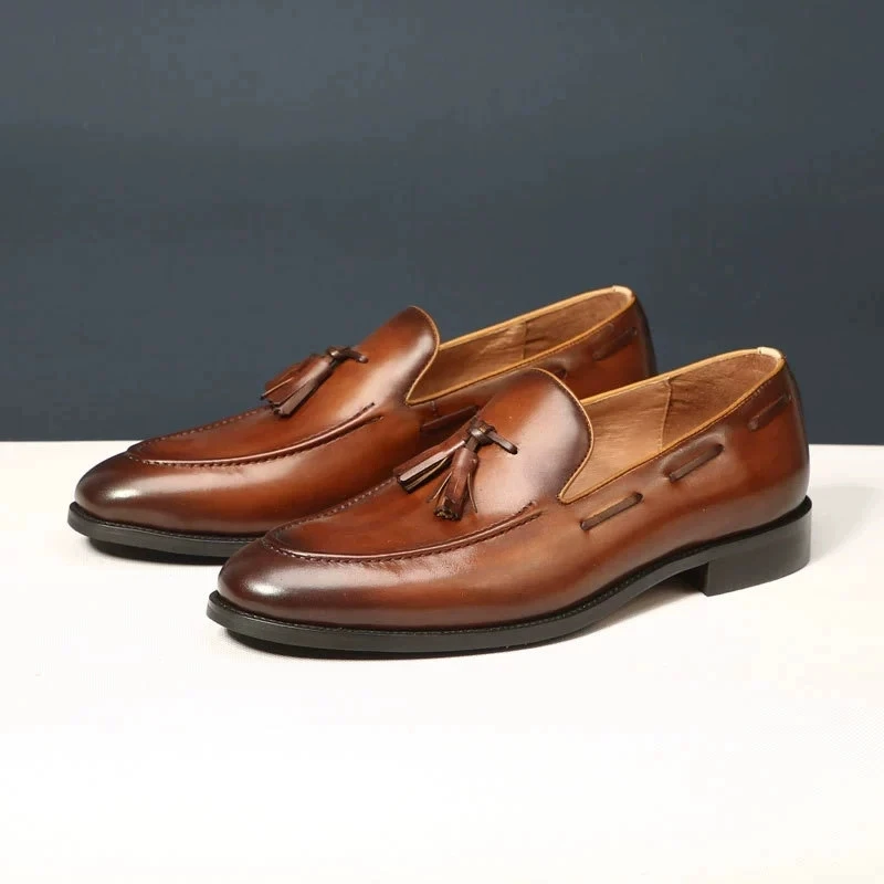 Italian Style Men's Loafers Tassel Genuine Cow Leather Comfortable Slip on Wedding Party Office Dress Shoes for Men Casual Shoes