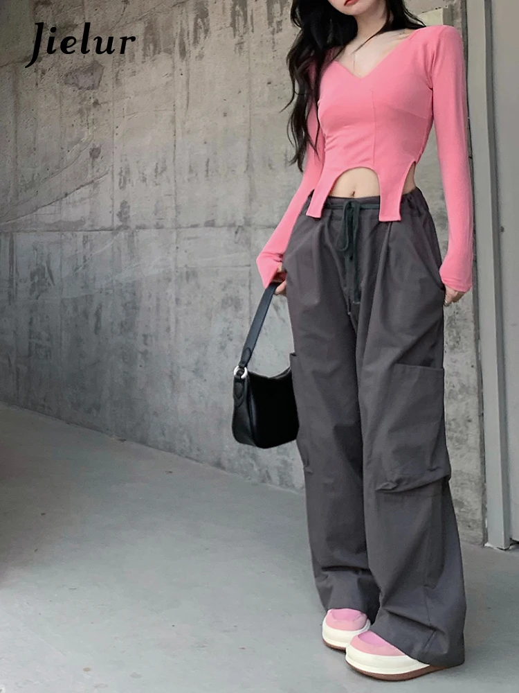 

Jielur Korean Fashion Baggy Cargo Pants Women Casual Pure Color Wide Leg Pants Vintage High Waist Jeans Drawstring Design