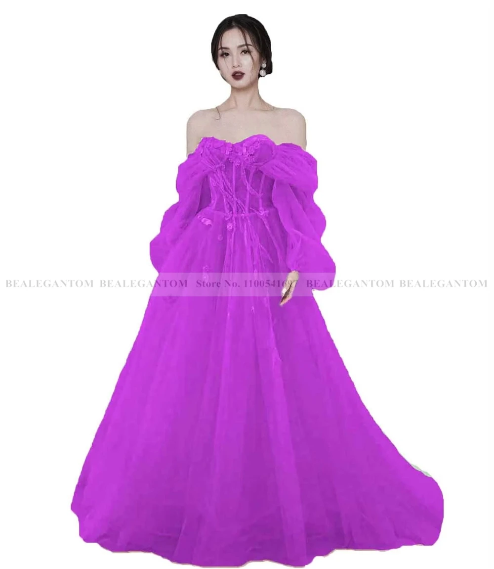 Bealegantom Sexy Bohemia Off Shoulder Prom Dresses Tulle Long Sleeves Formal Occasion Evening Party Gown Robes De Soiree QA205