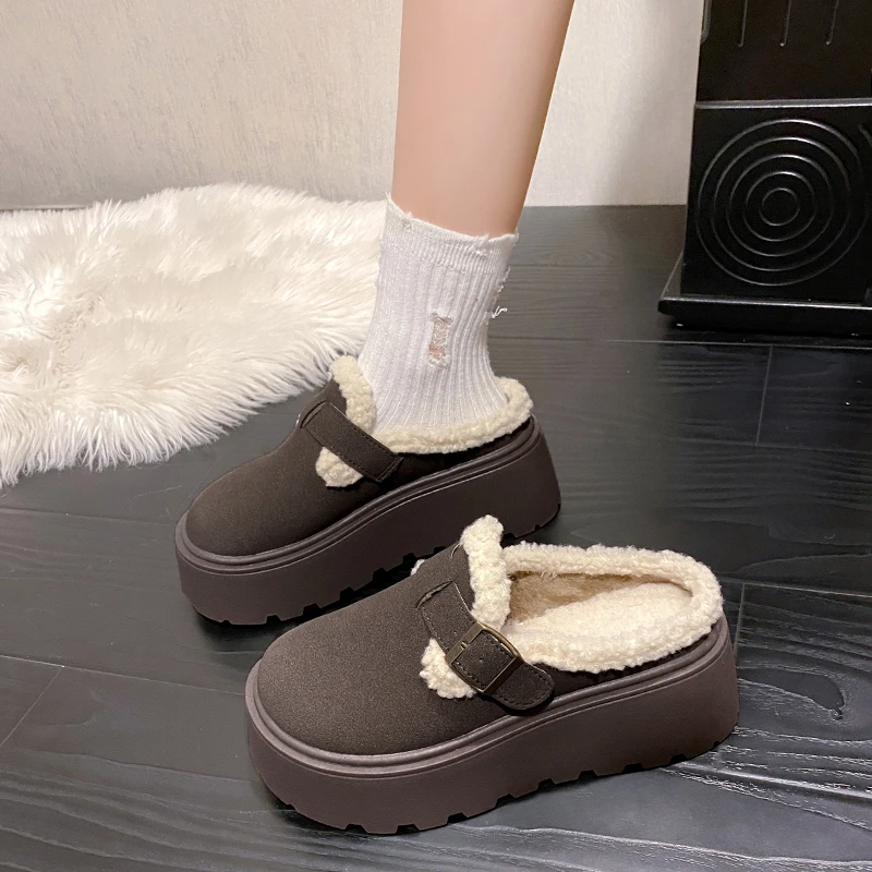 Women's Baotou Slippers Winter New Round Head Suede Deep Mouth Thick Bottom Anti-slip Wear-resistant Slope with Cotton Drag