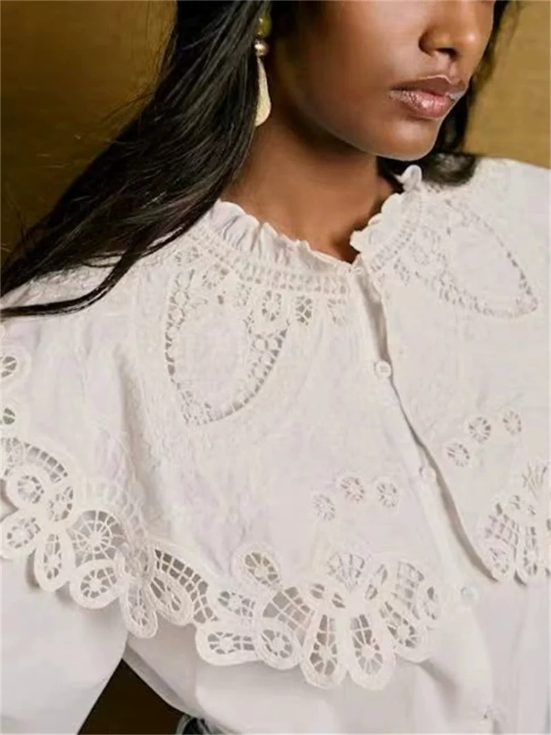 Ladies Large Turn-Down Collar Puff Sleeve Single Breasted Top Autumn New Women's White Lace Hollow Out Shirt