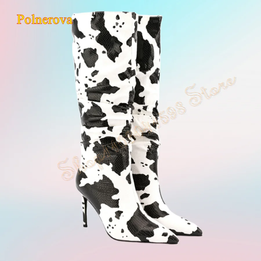 

Cow Pattern Leather High Heel Boots,Vintage Pleated Pointed Toe Knee High Boots Stiletto Women Boots2024 New Zapatos Para Mujere