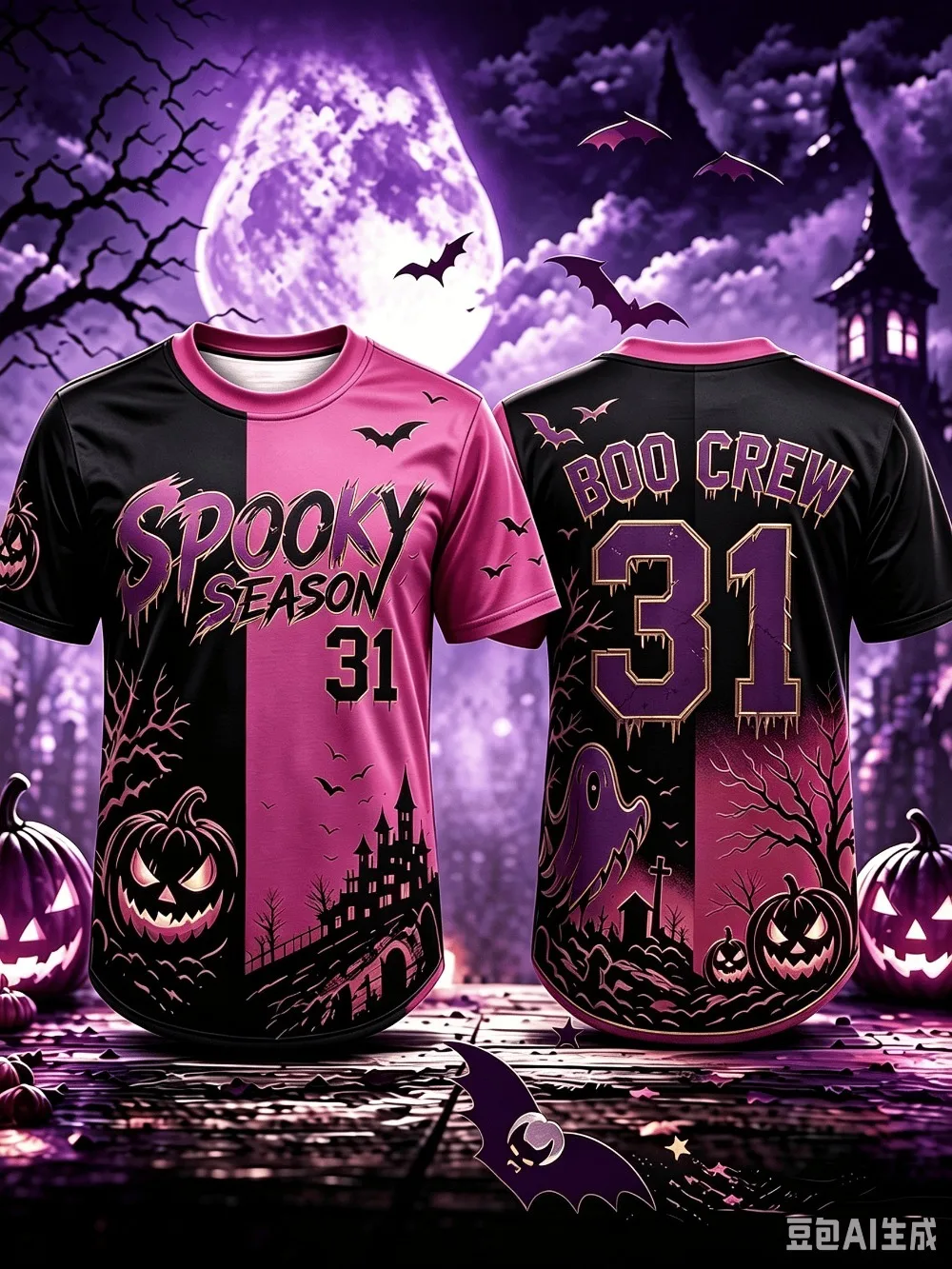 Rosa-Schwarzes geteiltes Halloween 3D-gedrucktes Jersey T-Shirt „Spooky Season Boo-Crew 31“ mit Kürbis-, Geister- und Fledermaus-Motiven, Gothic-Herbst-Party-Sport-T-Shirt – Detail 4
