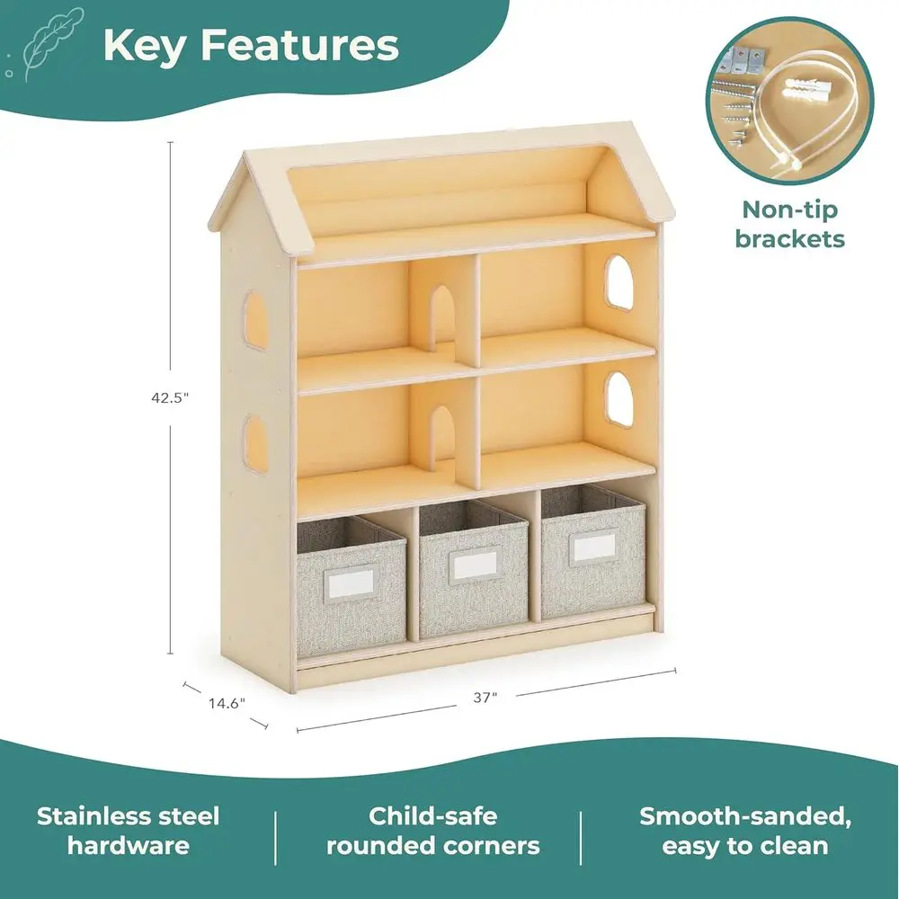 자연 목재 인형의 집 책장, 아이들 책, 인형 및 용품 보관함 포함