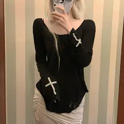 Cross Design Black Loose and Versatile Base Shirt T-shirt for Women's Early Autumn New Spicy Girl Long Sleeved Top