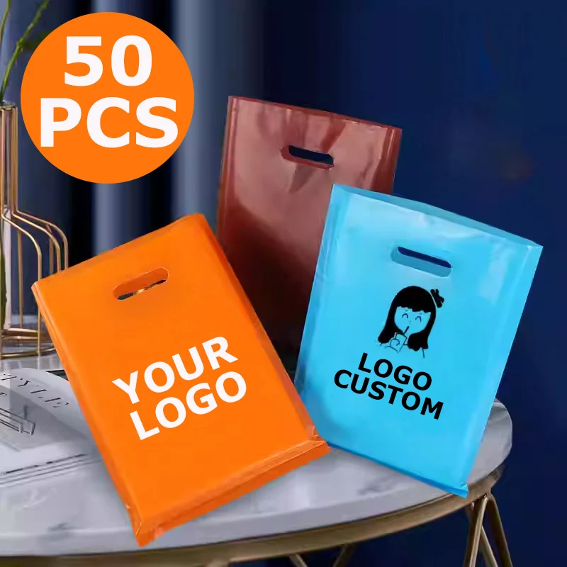 Shopping Flat Bags 50Pcs Gift Bag Customized Printing Logo Reusable Packaging Bag With Handle