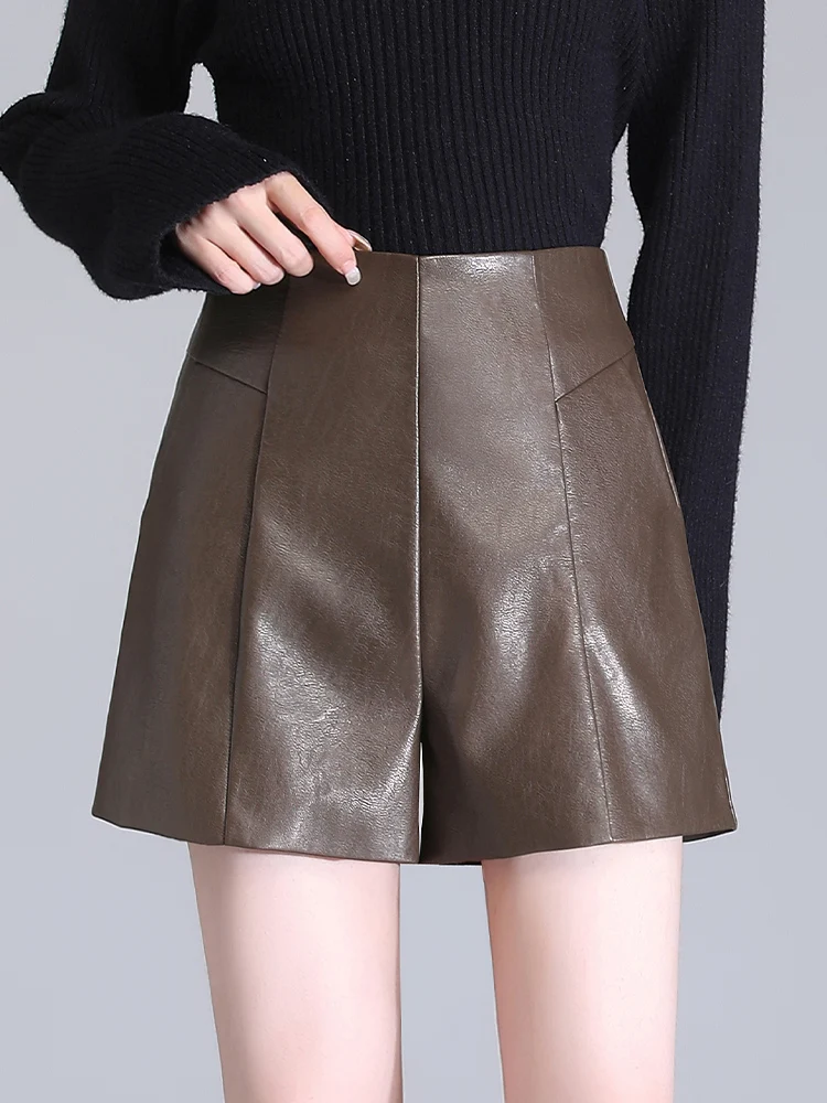 

High Waist A-Line Wide Leg Pants Women's Autumn Winter PU Leather Shorts Outfit with Boots Korean Style Casual Flattering