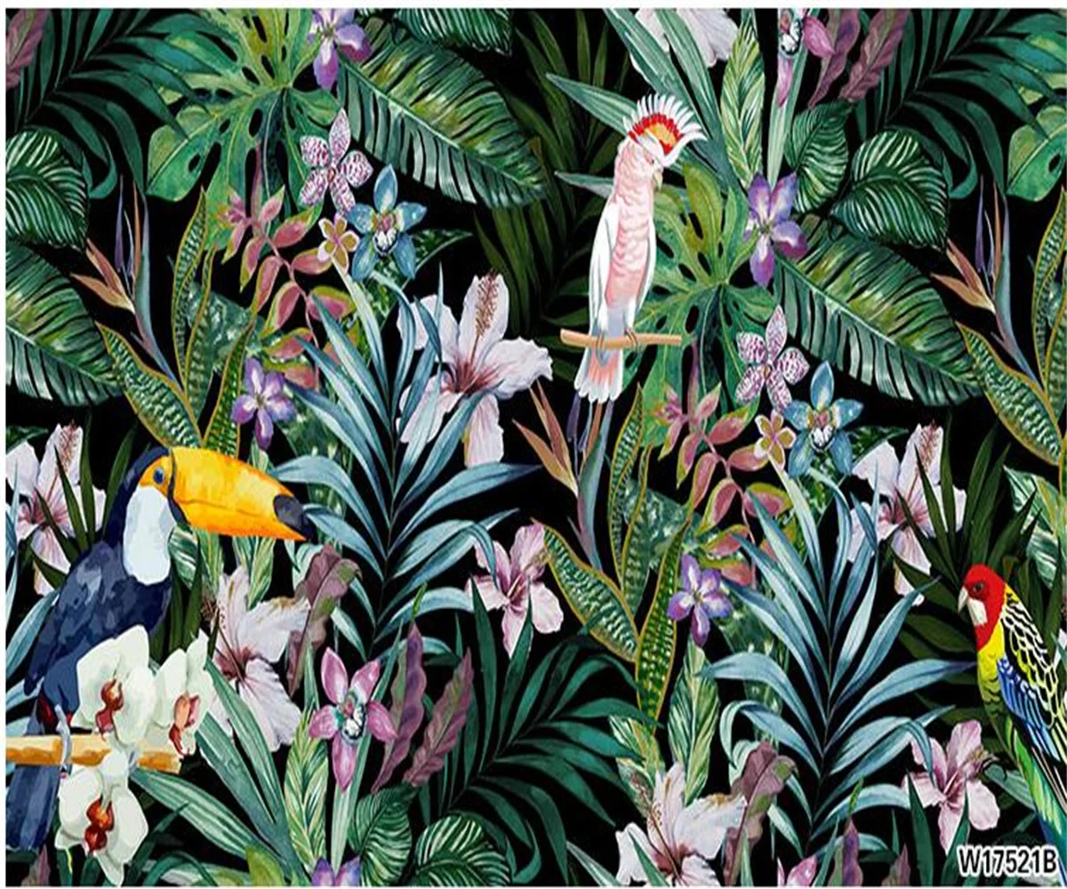 Custom Watercolor Plants flowers and birds wallpaper tropical rain forest oil painting restaurant TV background wall wallpaper