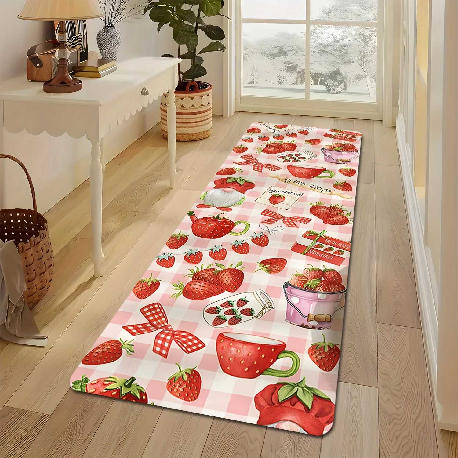 Cute Pink Check Strawberry Bow Cup Runner Rug, Non-Slip Rug for Kitchen, Entryway, Bathroom & Sweet Living Room Home Decoration