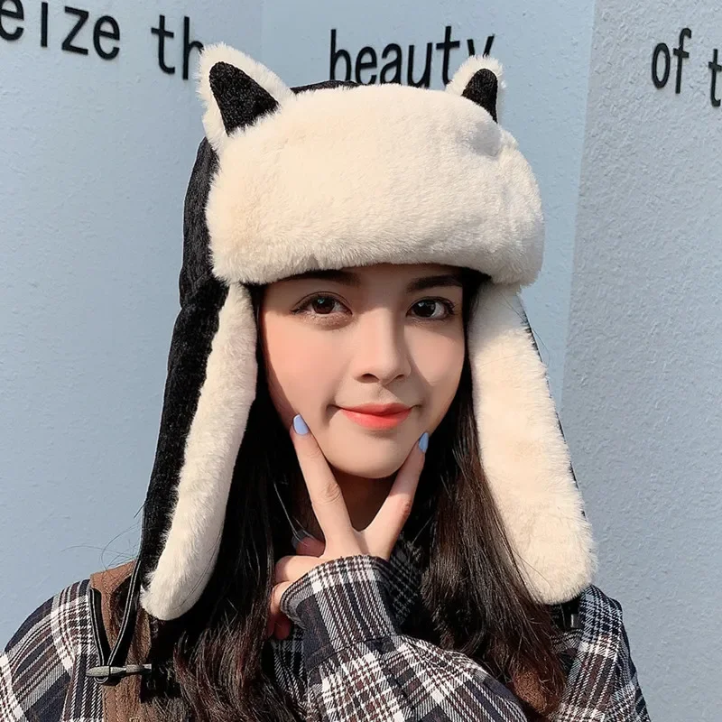 

Winter Warm Poilt hats Thicken Bomber Hat For Women Winter Cold-proof Warm Cotton Cat Ears Cap Russian Hat