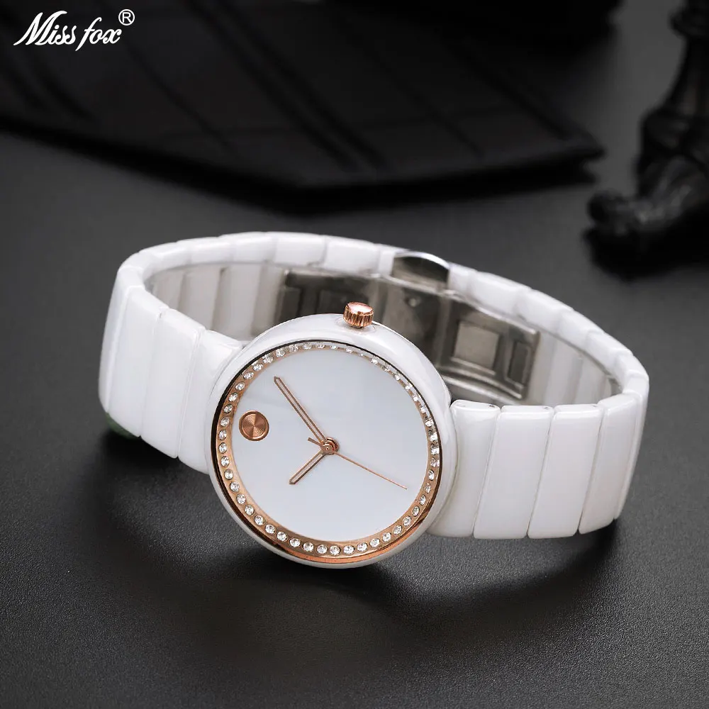 MISSFOX High Quality White Ceramic Rhinestone Rose Gold Quartz Watch With A Simple Dial And Waterproof Design For Women Gift