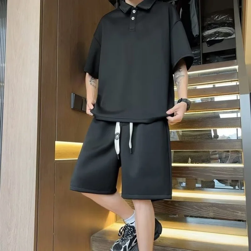 الصيف قصيرة الأكمام قميص بولو السراويل مجموعة العلامة التجارية العصرية تنوعا فضفاض الأزياء طوق تي شيرت وسيم قطعتين مجموعة #2