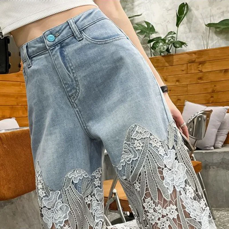 Pants for Woman and Capris Straight Leg with Rhinestones Transparent Women's Jeans Lace Grunge Spring Pant Vintage Trousers