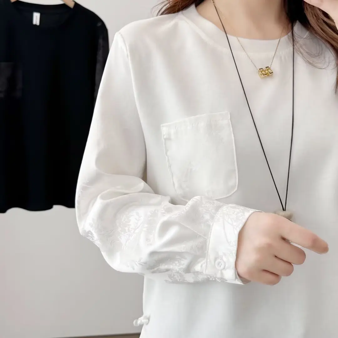 XXXXL 패션 플러스 사이즈 여성 티셔츠 2025 가을 신상 중국풍 새틴 패치워크 긴팔 상의 2566