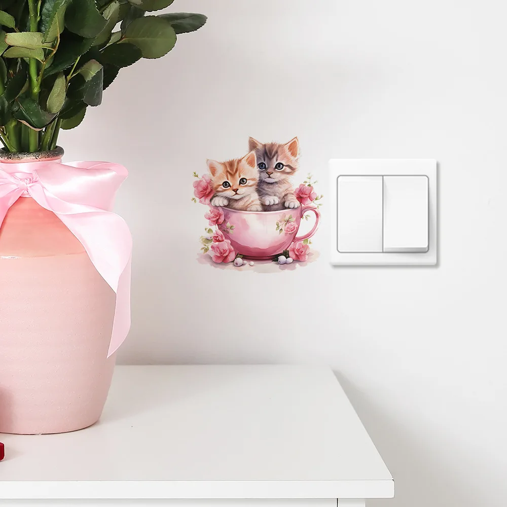 Cartoon Tea Cup Cat Flower Switch Sticker Living Room Bedroom Home Decoration Mural Cute Kitten Self-adhesive Wall Decor Decals